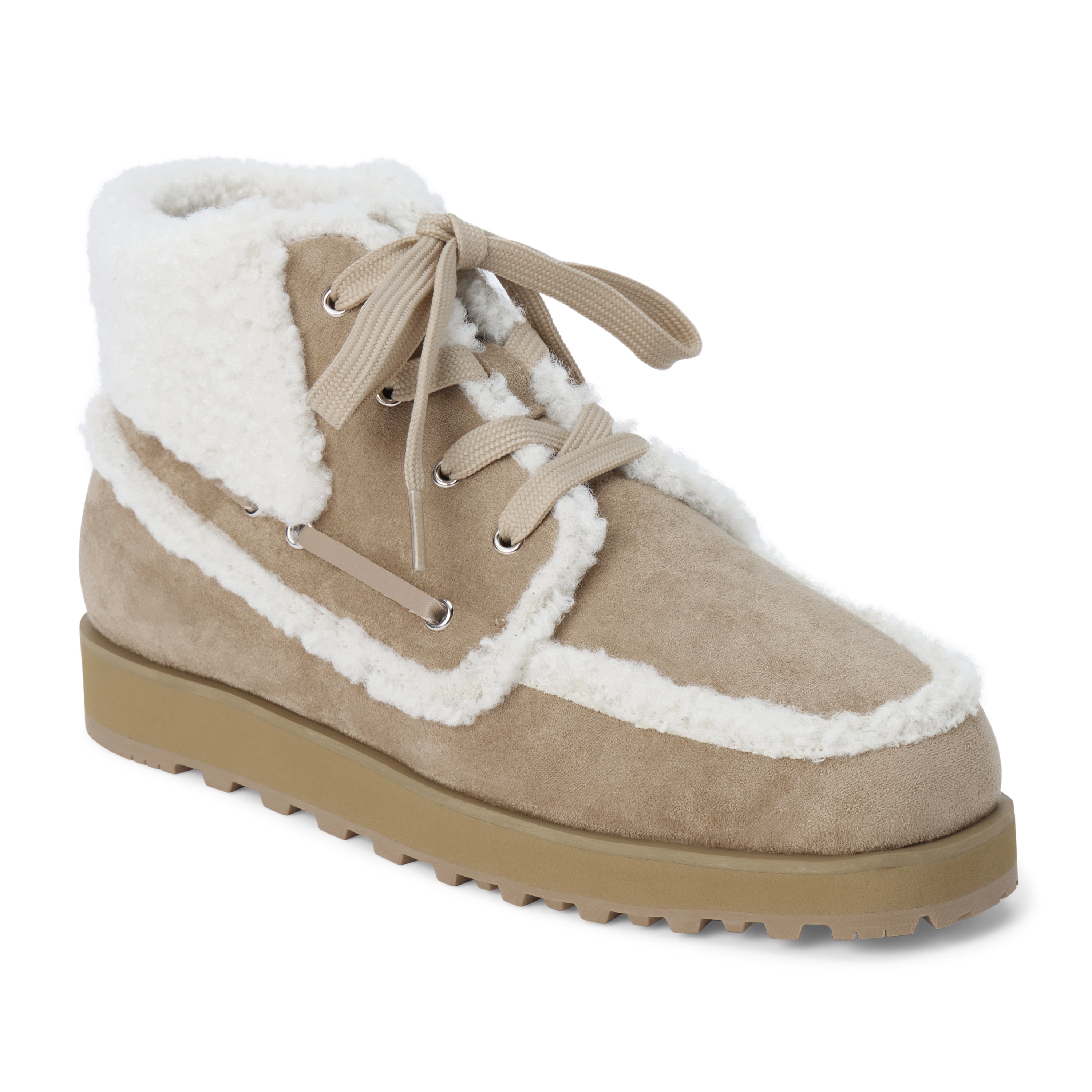 Vegan tan faux suede ankle boot with white faux-fur trim, wraparound lacing, a rounded moc toe, and lug sole shown on a white background.