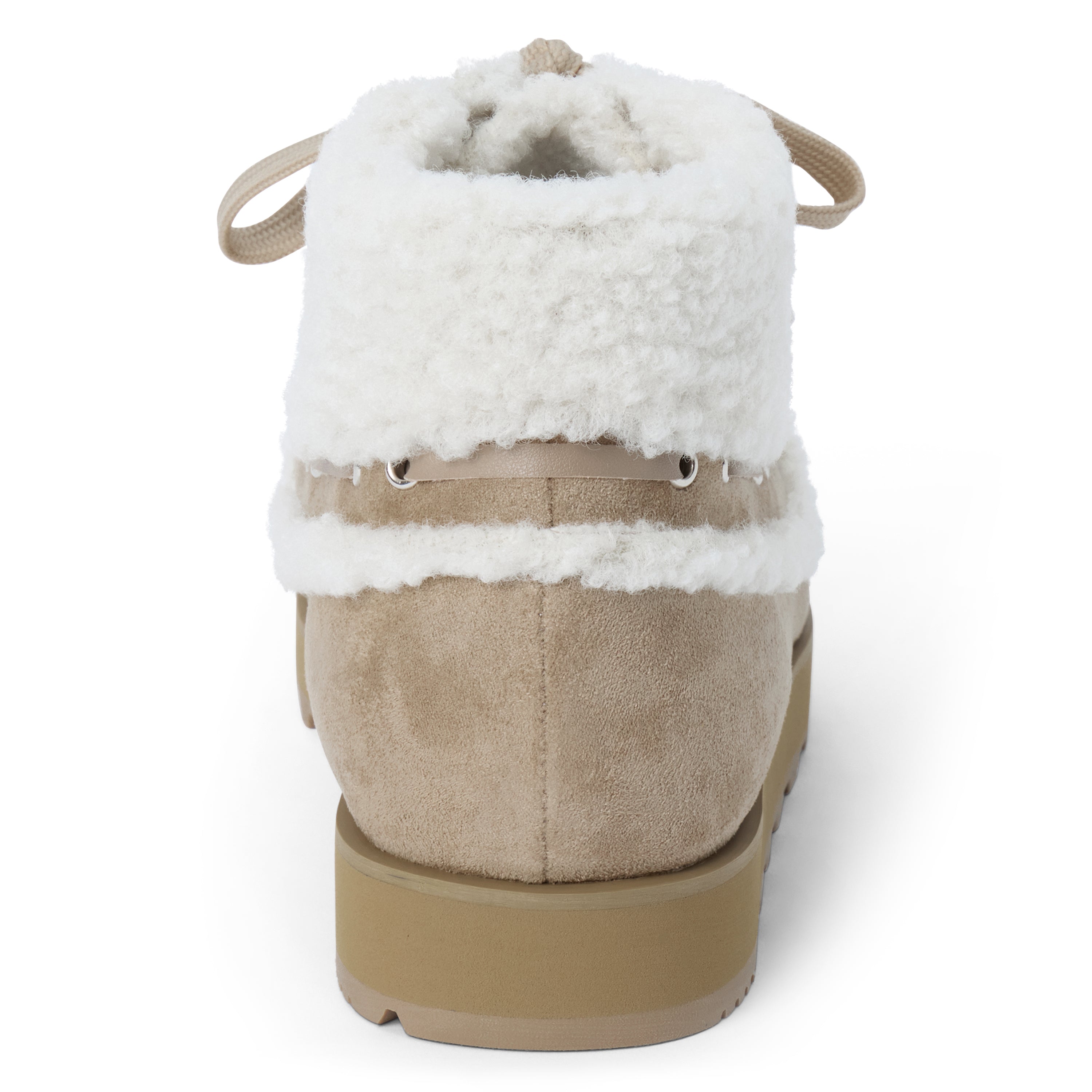 Vegan tan faux suede ankle boot with white faux-fur trim, wraparound lacing, a rounded moc toe, and lug sole shown on a white background.