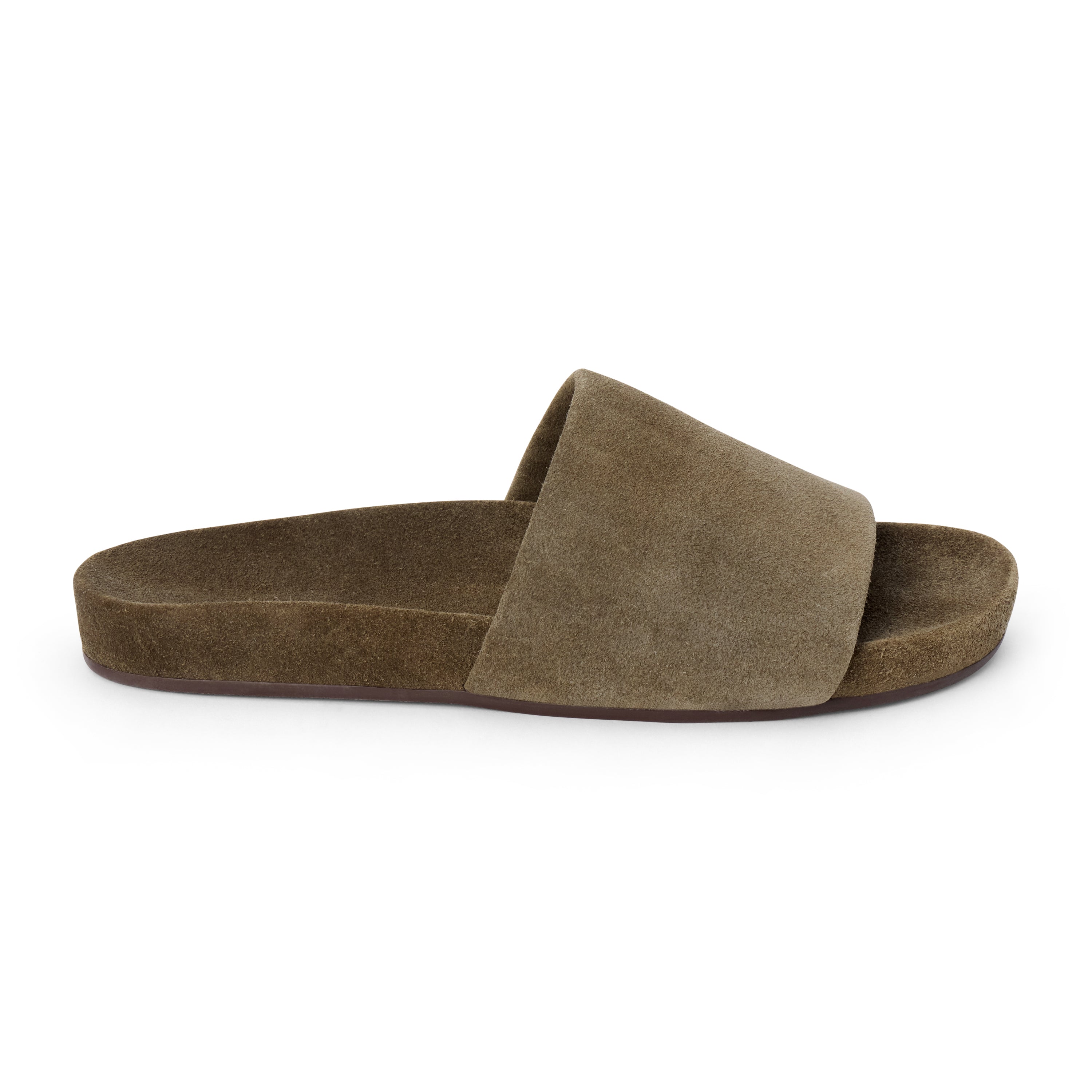 Moss green suede flat slide sandal with wide strap and molded footbed, shown on a white background.