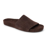 Espresso brown suede flat slide sandal with wide strap and molded footbed, shown on a white background.