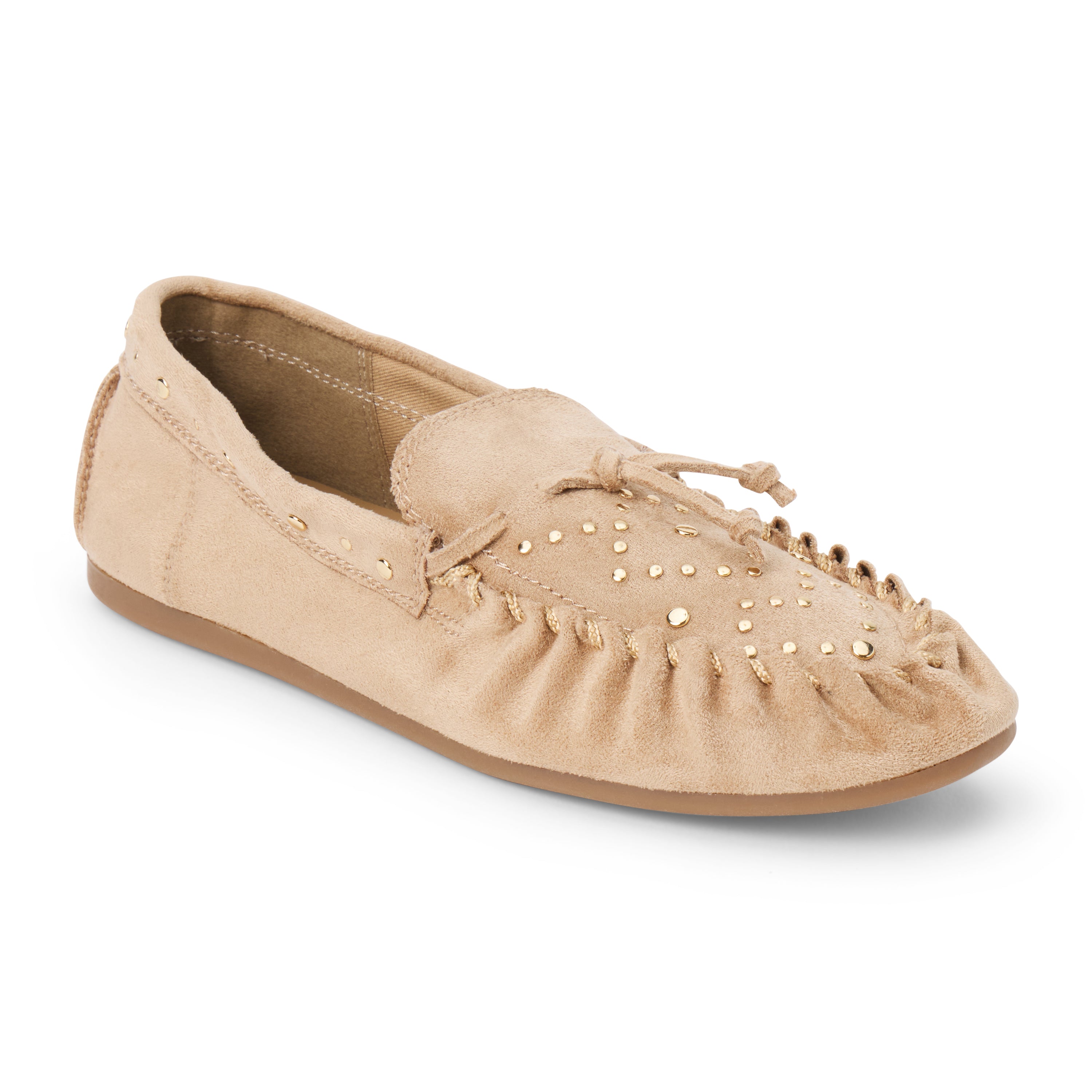 Vegan tan faux suede moccasin with a rounded moc toe, gathered stitching, decorative lacing, and gold-tone studs shown on a white background.