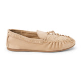 Vegan tan faux suede moccasin with a rounded moc toe, gathered stitching, decorative lacing, and gold-tone studs shown on a white background.