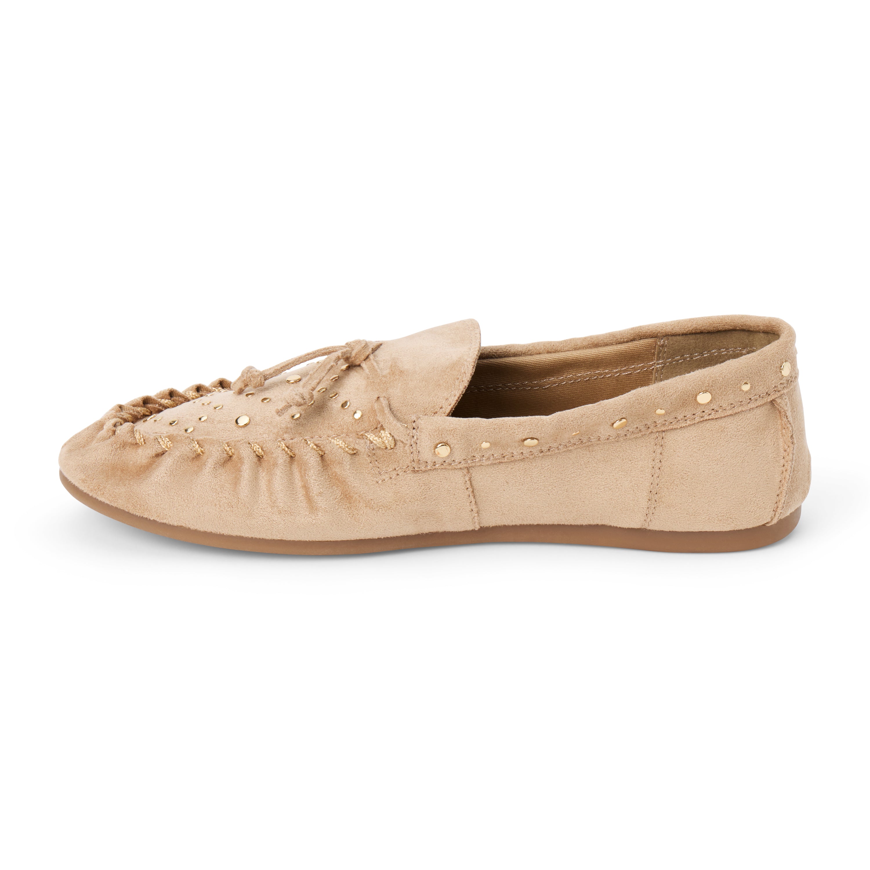 Vegan tan faux suede moccasin with a rounded moc toe, gathered stitching, decorative lacing, and gold-tone studs shown on a white background.