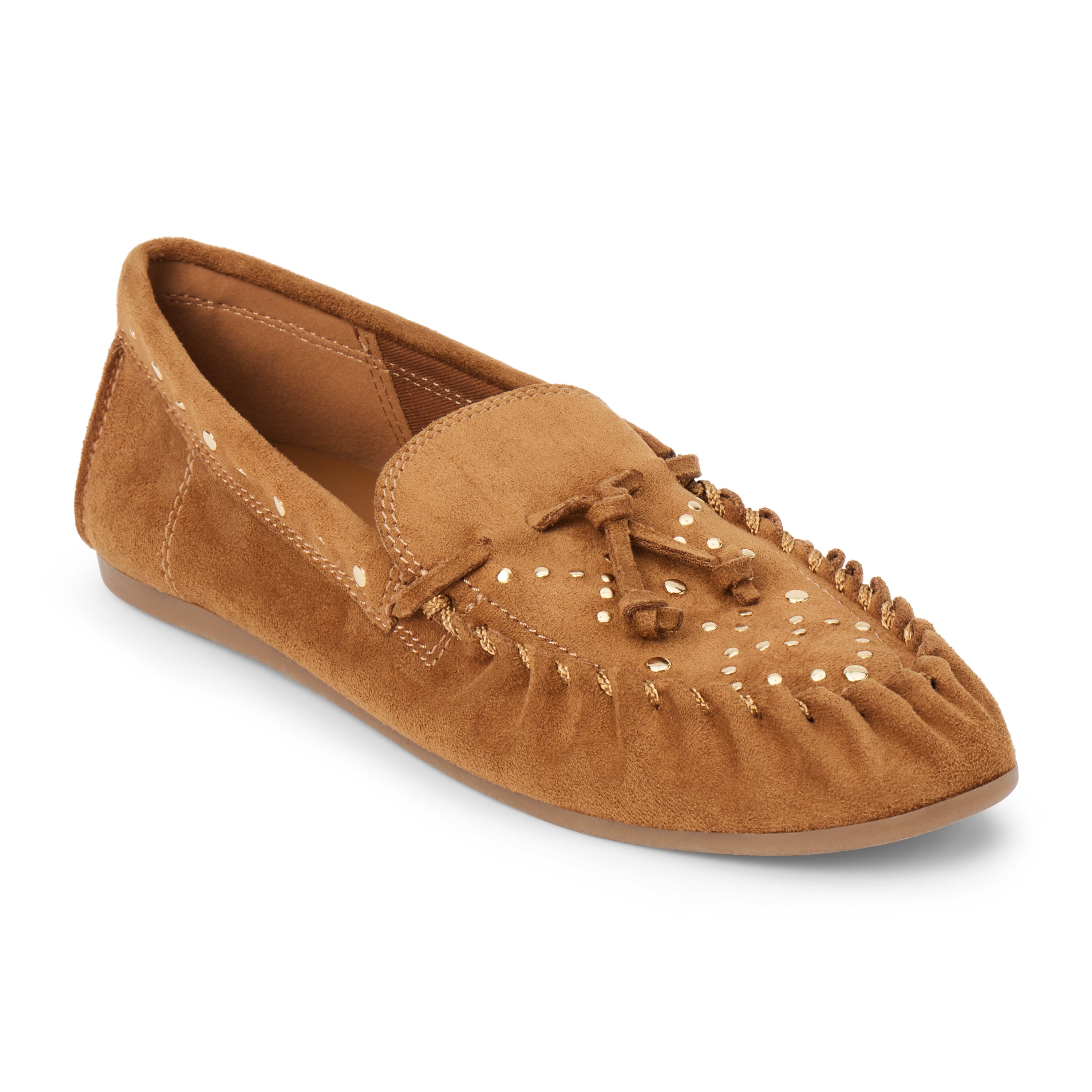 Vegan brown faux suede moccasin with a rounded moc toe, gathered stitching, decorative lacing, and gold-tone studs shown on a white background.