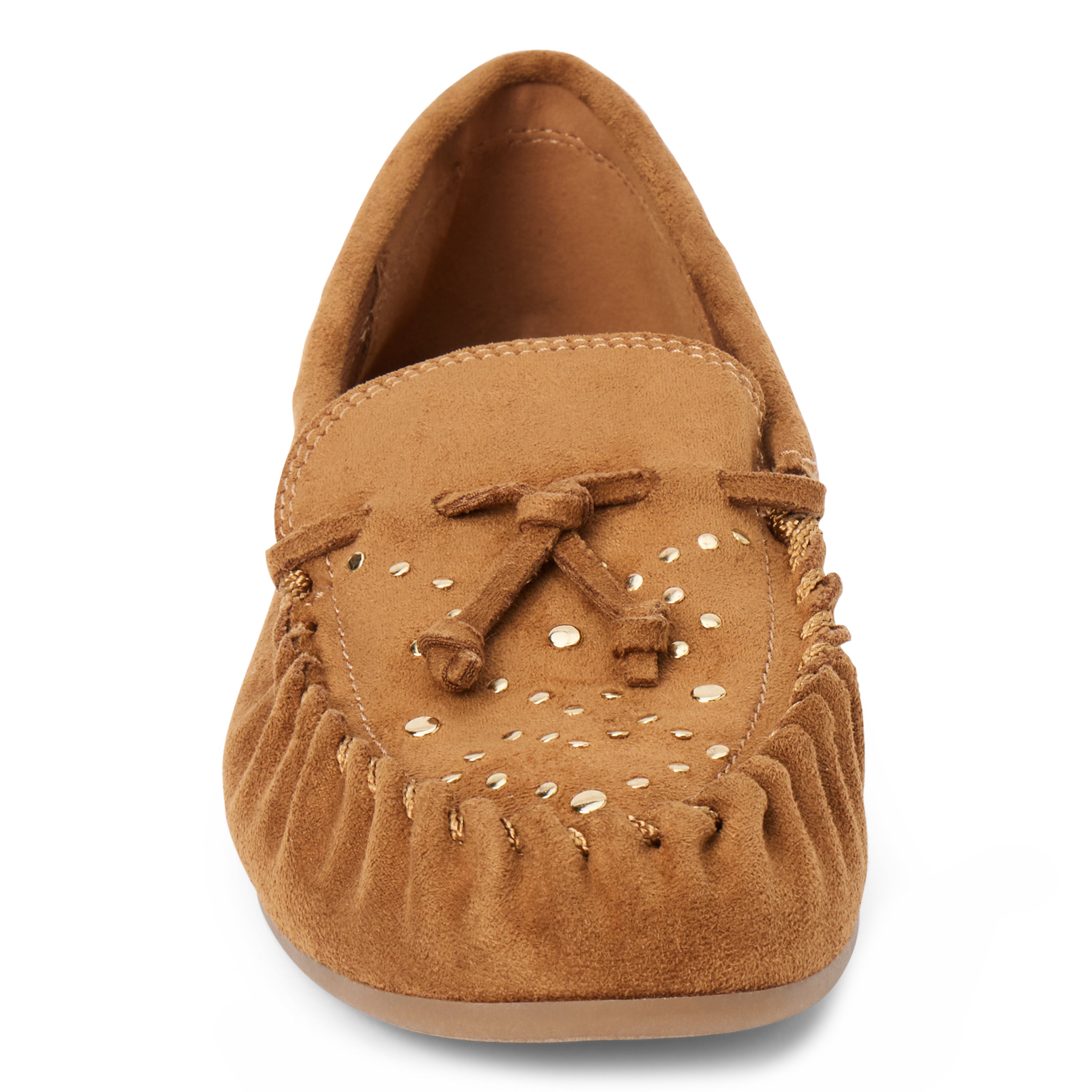 Vegan brown faux suede moccasin with a rounded moc toe, gathered stitching, decorative lacing, and gold-tone studs shown on a white background.