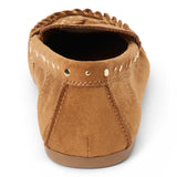 Vegan brown faux suede moccasin with a rounded moc toe, gathered stitching, decorative lacing, and gold-tone studs shown on a white background.
