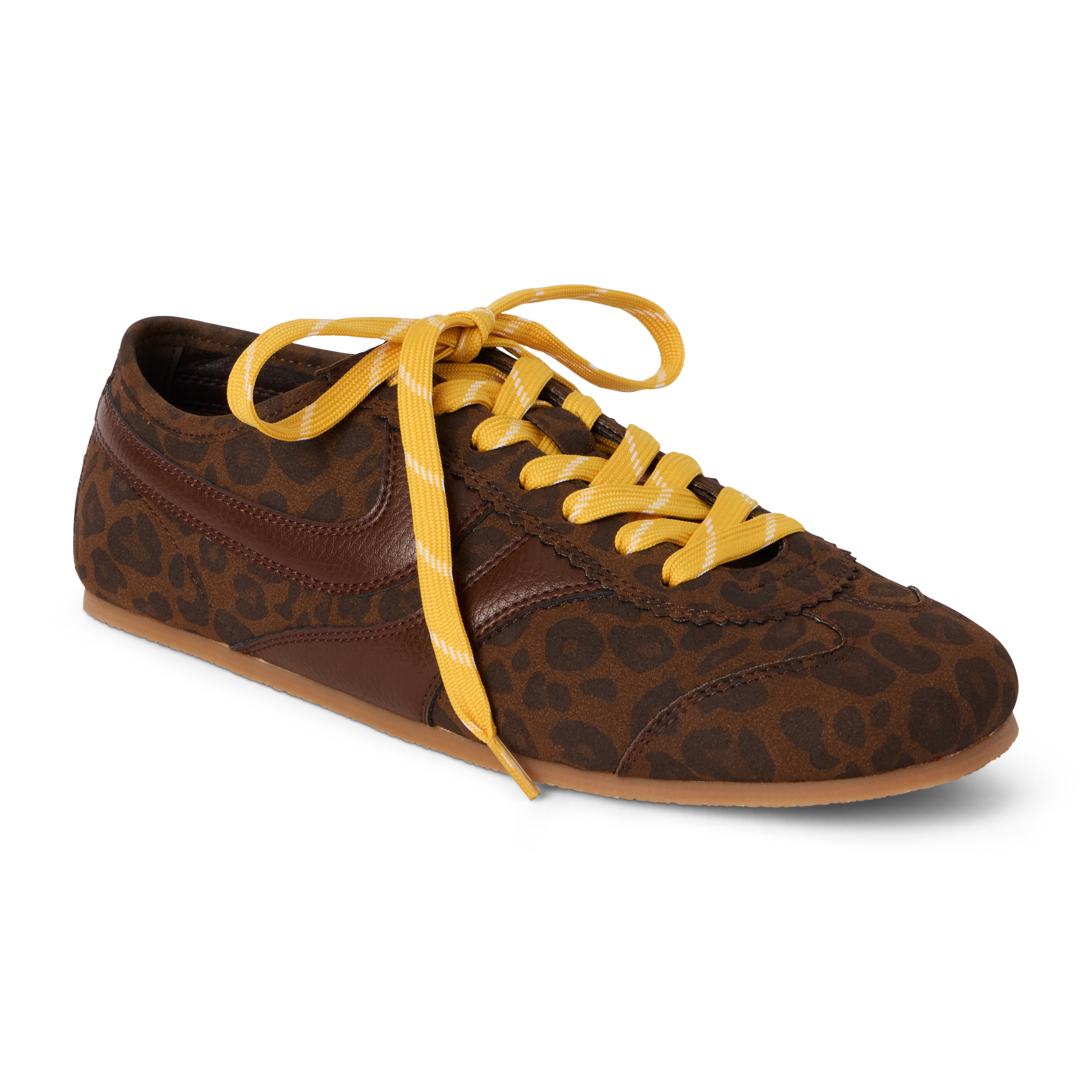 Vegan brown leopard-print faux suede sneaker with brown overlays, contrasting yellow laces, a rounded toe, and flat sole shown on a white background.