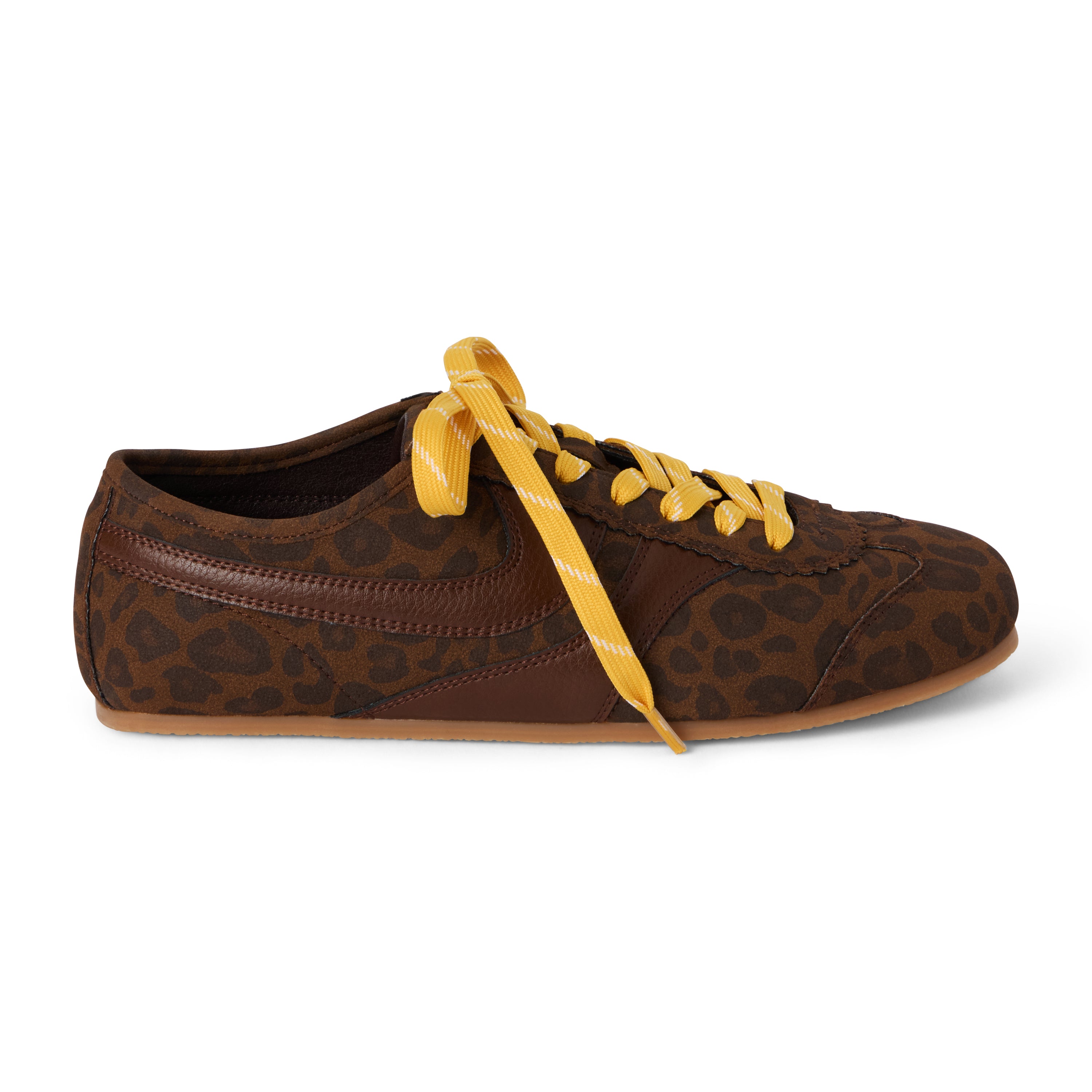 Vegan brown leopard-print faux suede sneaker with brown overlays, contrasting yellow laces, a rounded toe, and flat sole shown on a white background.