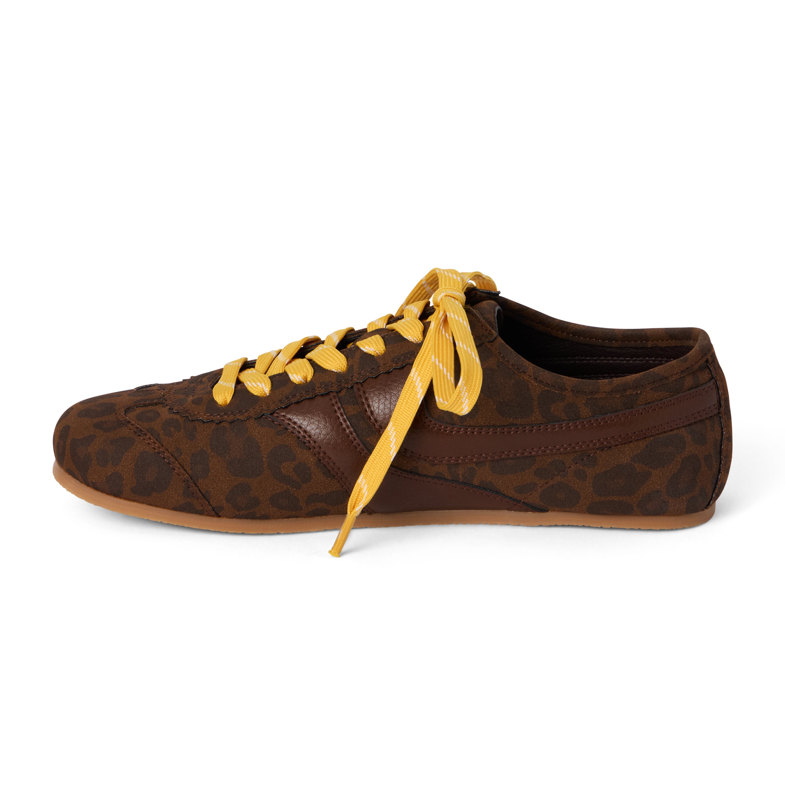 Vegan brown leopard-print faux suede sneaker with brown overlays, contrasting yellow laces, a rounded toe, and flat sole shown on a white background.
