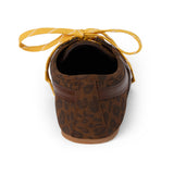 Vegan brown leopard-print faux suede sneaker with brown overlays, contrasting yellow laces, a rounded toe, and flat sole shown on a white background.