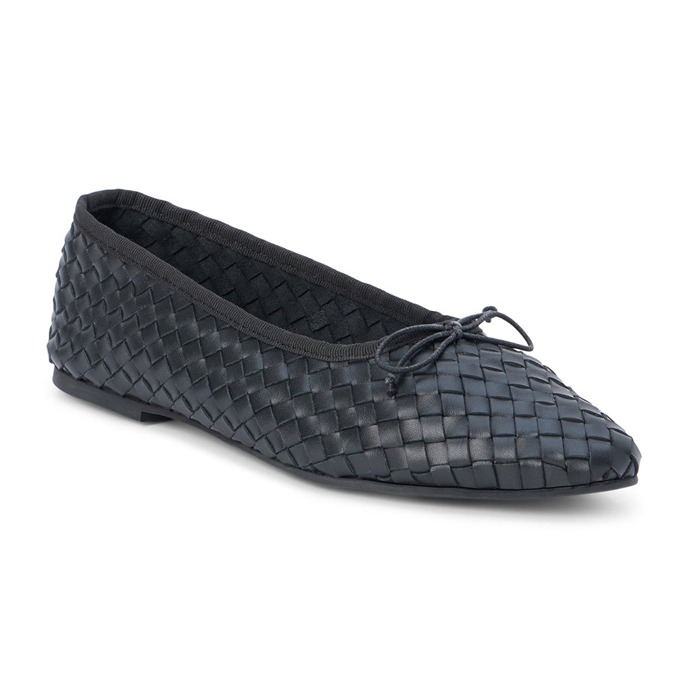 Black woven leather ballet flat with a rounded toe and bow detail shown on a white background.