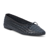 Black woven leather ballet flat with a rounded toe and bow detail shown on a white background.