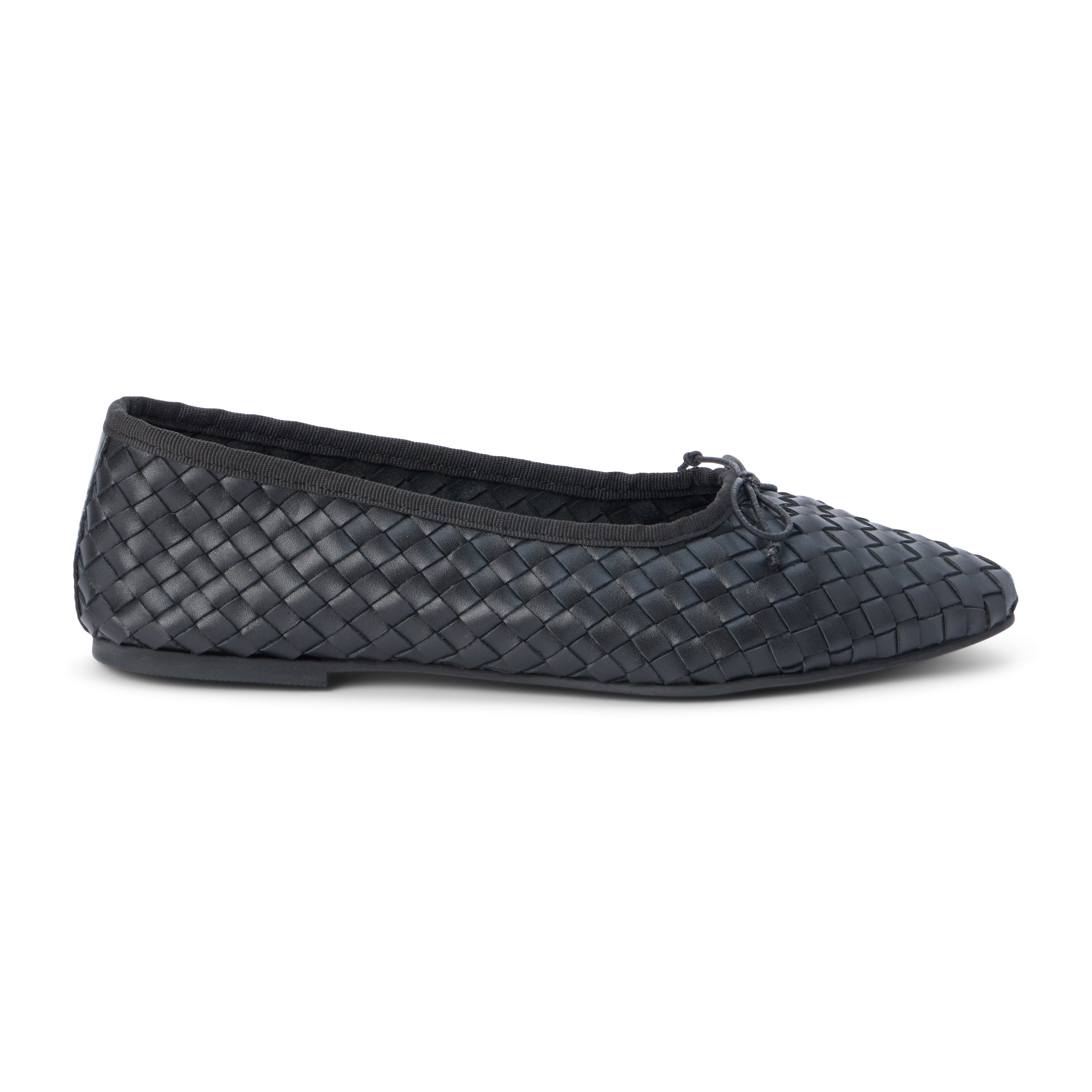 Black woven leather ballet flat with a rounded toe and bow detail shown on a white background.