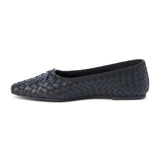 Black woven leather ballet flat with a rounded toe and bow detail shown on a white background.