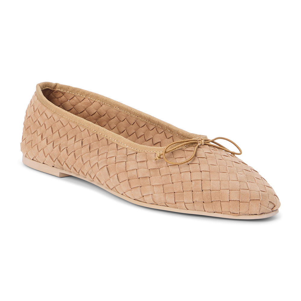 Tan suede woven ballet flat with a rounded toe and bow detail shown on a white background.