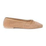 Tan suede woven ballet flat with a rounded toe and bow detail shown on a white background.