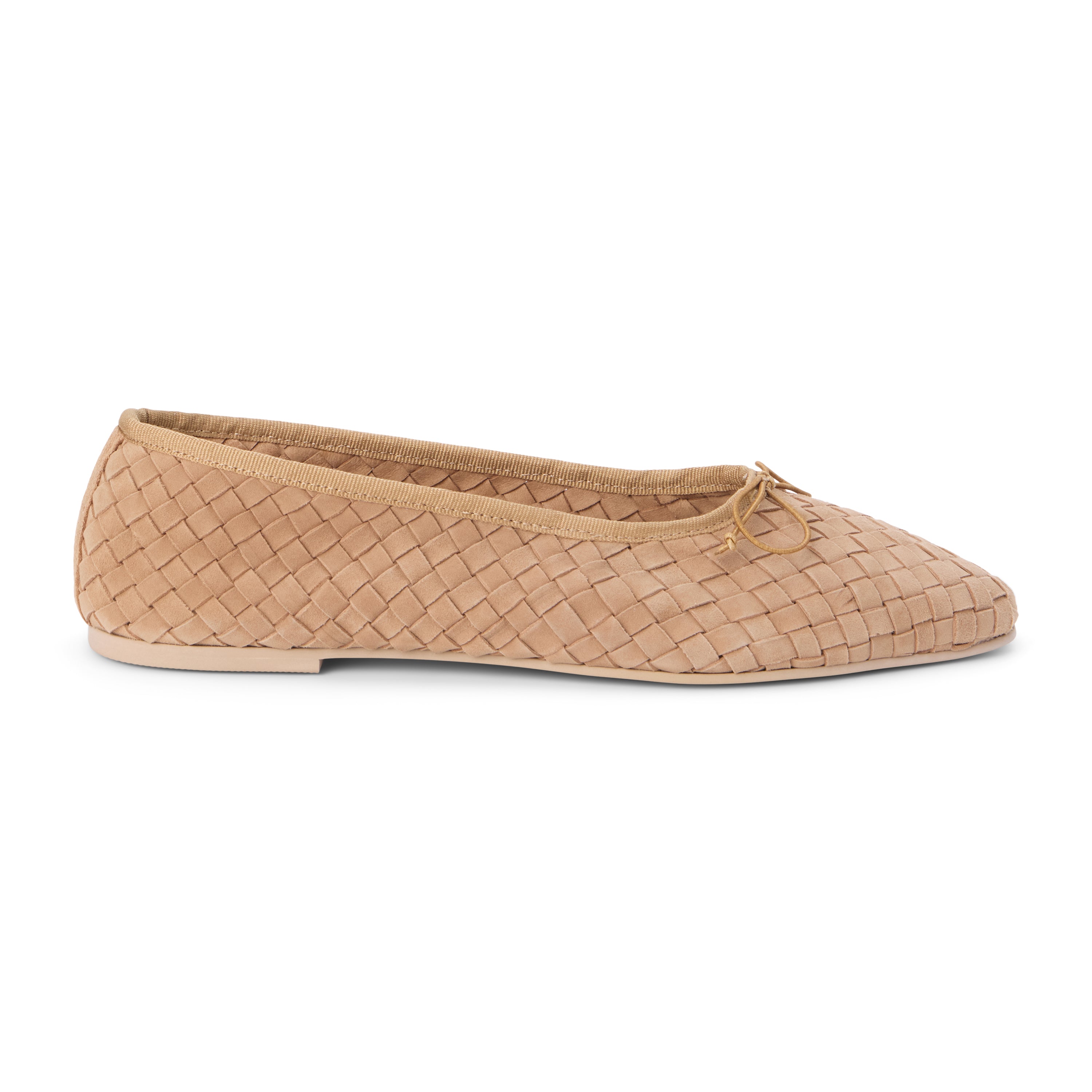Tan suede woven ballet flat with a rounded toe and bow detail shown on a white background.