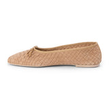 Tan suede woven ballet flat with a rounded toe and bow detail shown on a white background.
