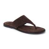 Espresso brown suede flat thong sandal with wide strap and cushioned footbed, shown on a white background.