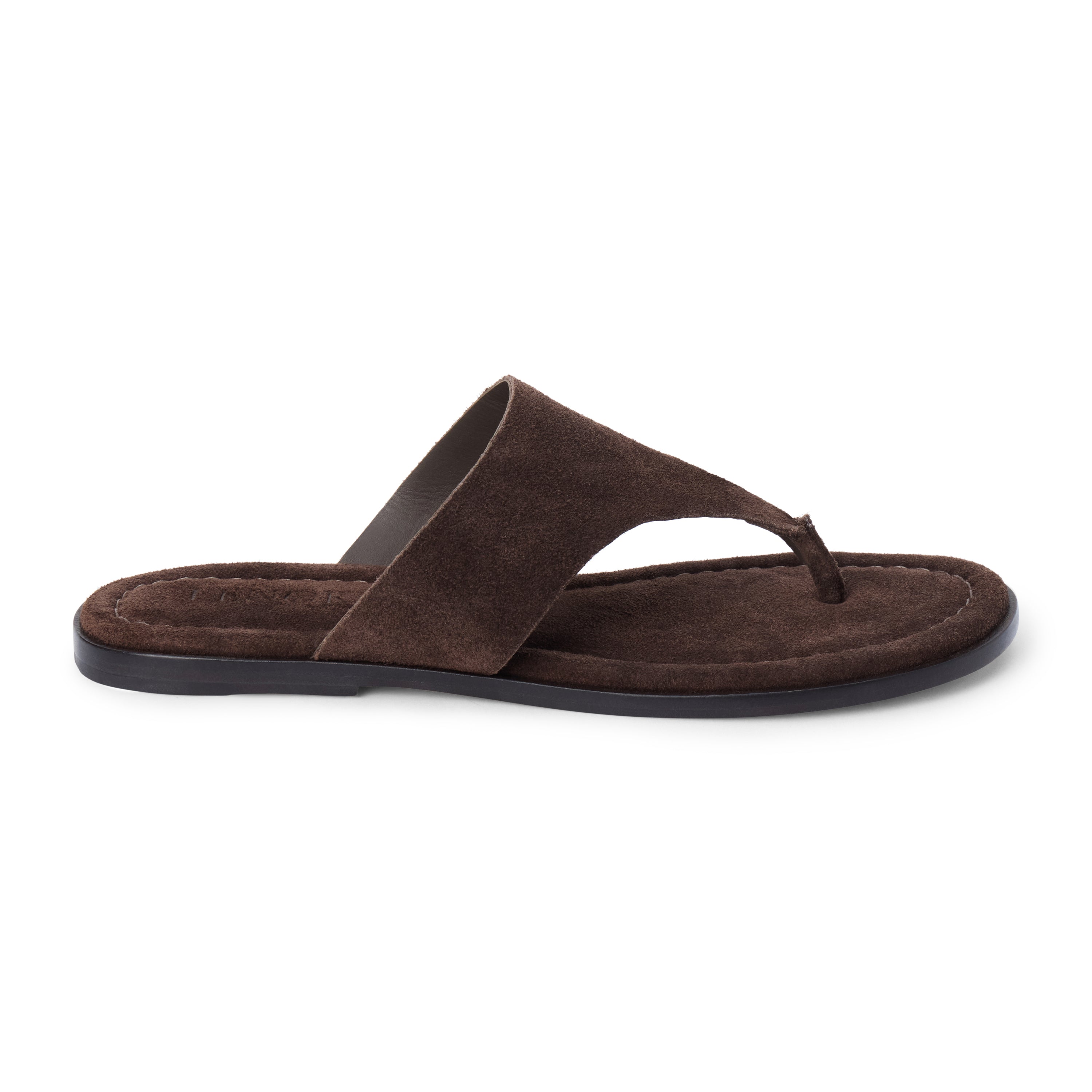 Espresso brown suede flat thong sandal with wide strap and cushioned footbed, shown on a white background.