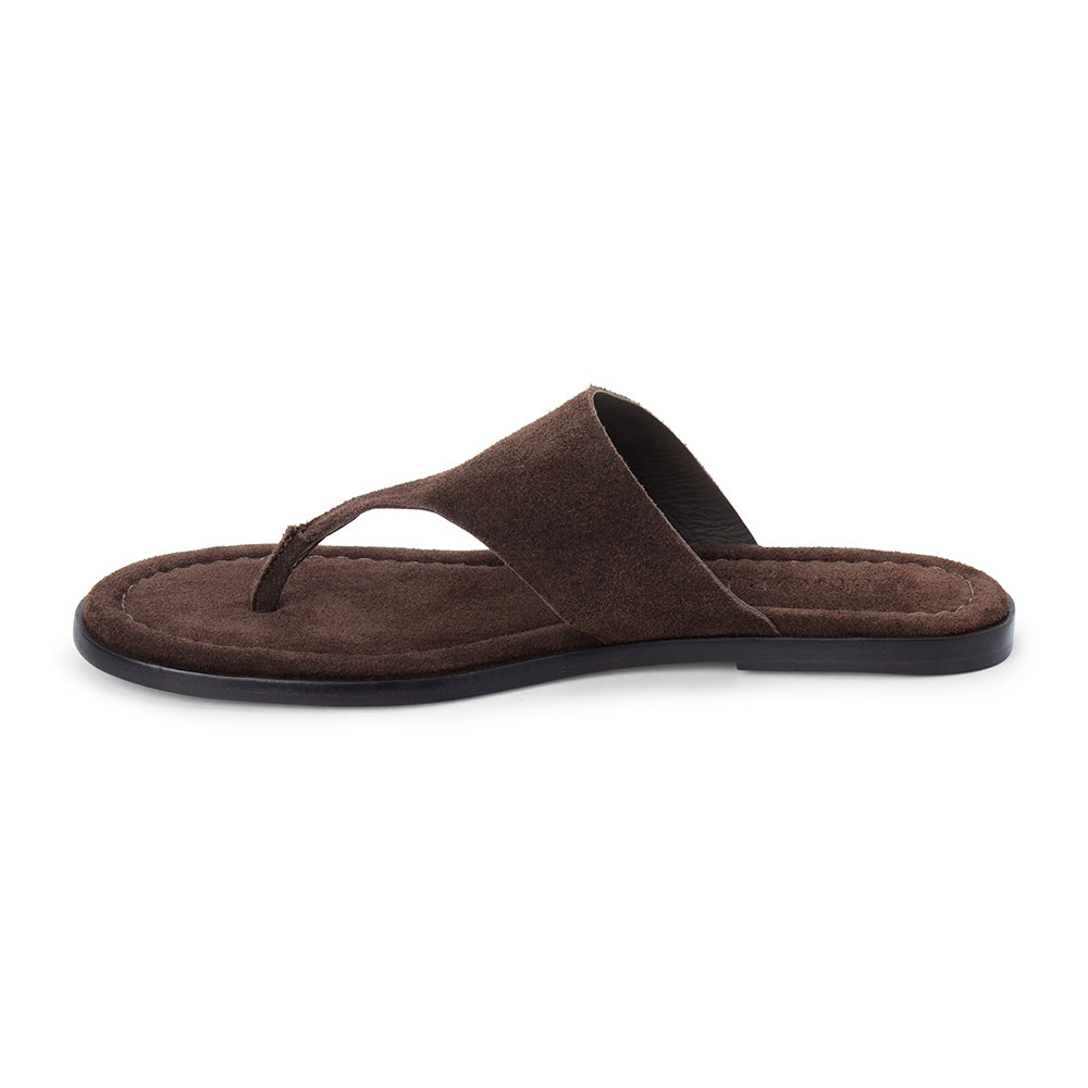 Espresso brown suede flat thong sandal with wide strap and cushioned footbed, shown on a white background.