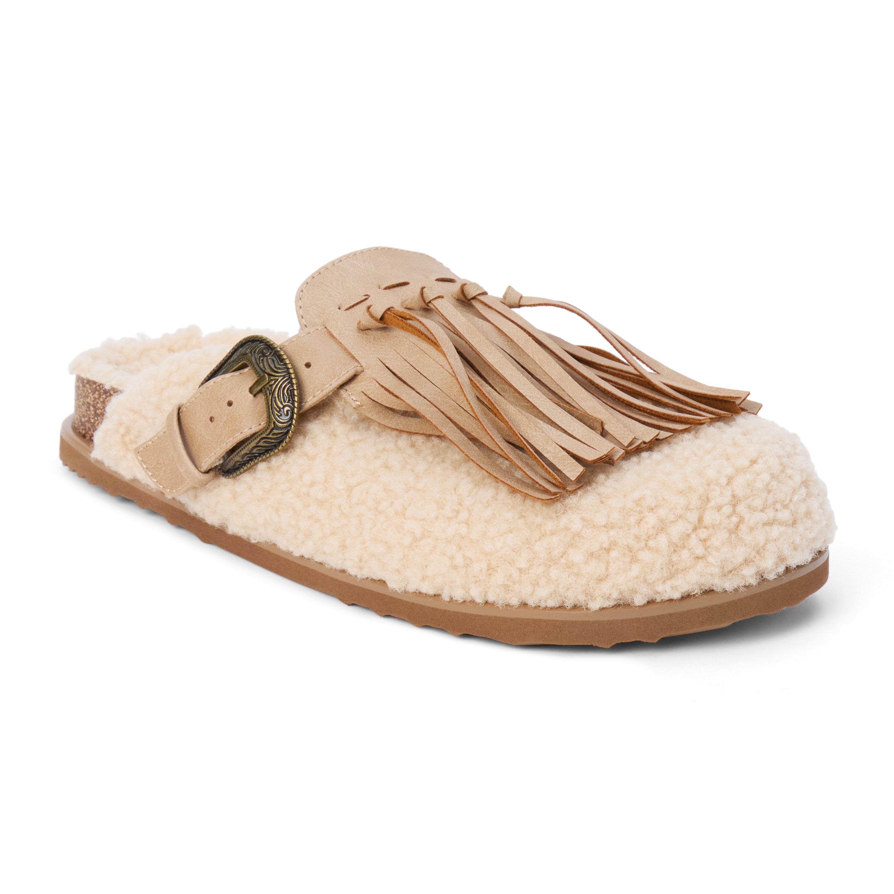 Vegan ivory faux shearling mule with a tan tassel accent, ornate bronze-tone buckle, open back, and flat sole shown on a white background.