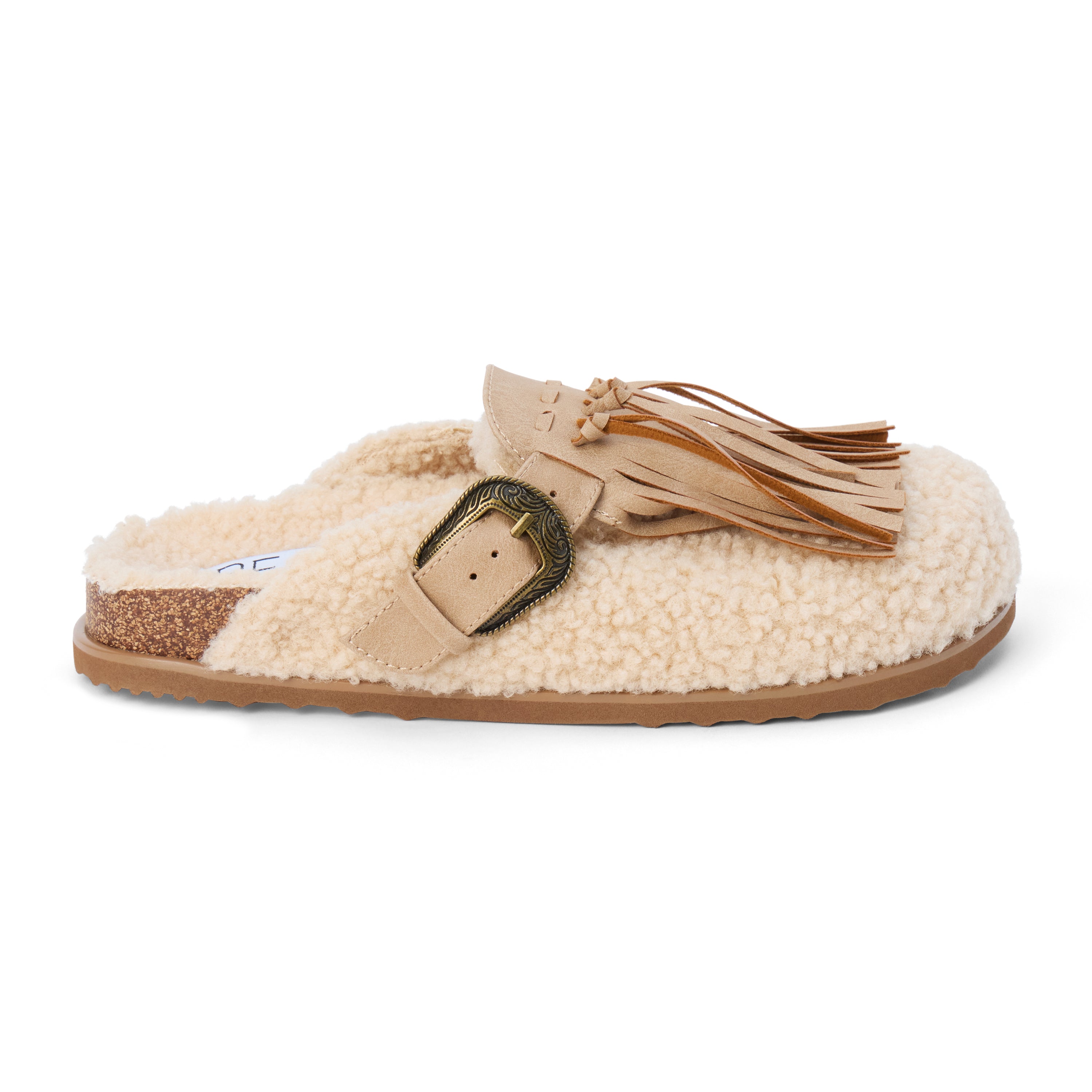 Vegan ivory faux shearling mule with a tan tassel accent, ornate bronze-tone buckle, open back, and flat sole shown on a white background.