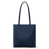 Blue satin tote bag with a rectangular body, smooth finish, and two long matching shoulder straps shown on a white background.
