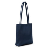 Blue satin tote bag with a rectangular body, smooth finish, and two long matching shoulder straps shown on a white background.