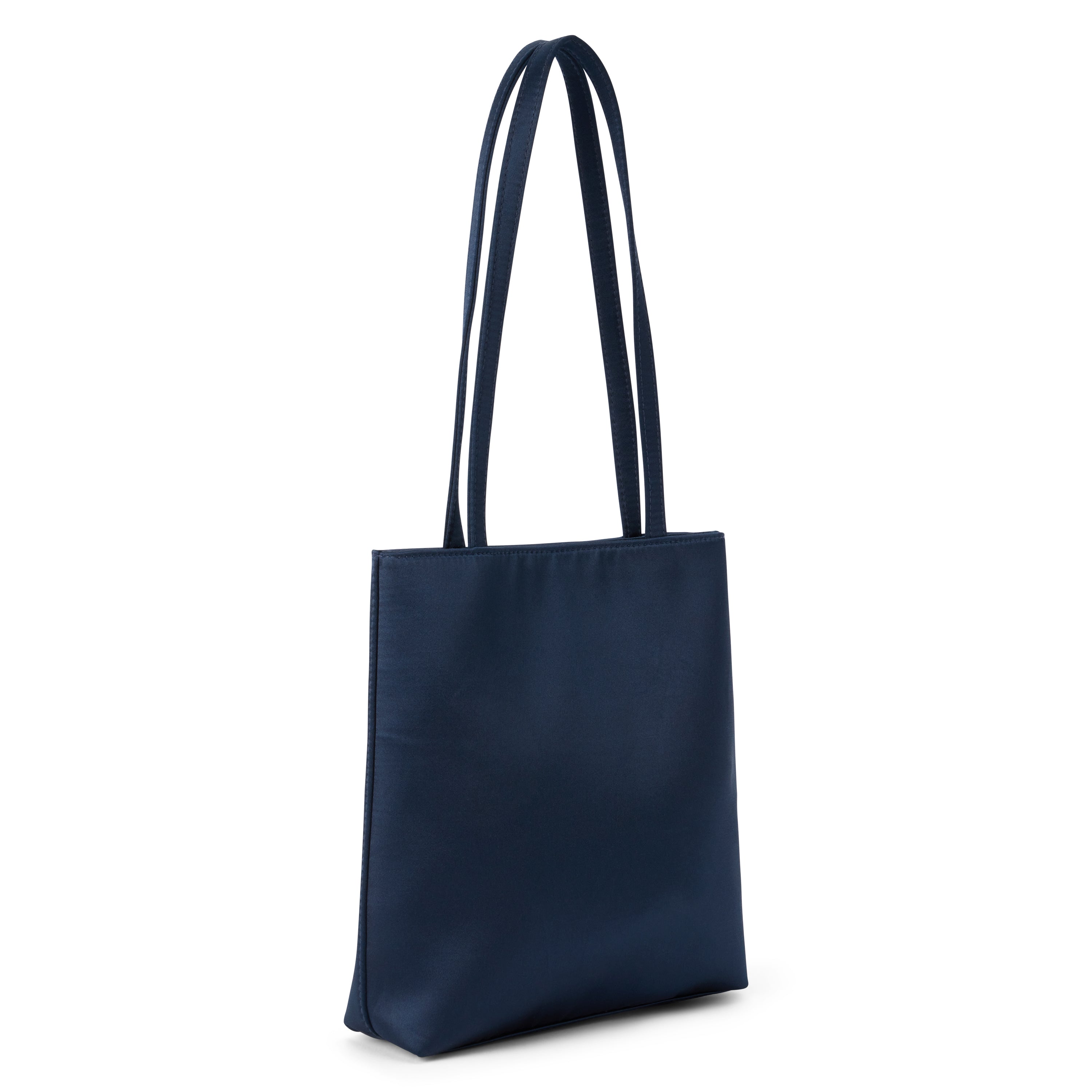 Blue satin tote bag with a rectangular body, smooth finish, and two long matching shoulder straps shown on a white background.