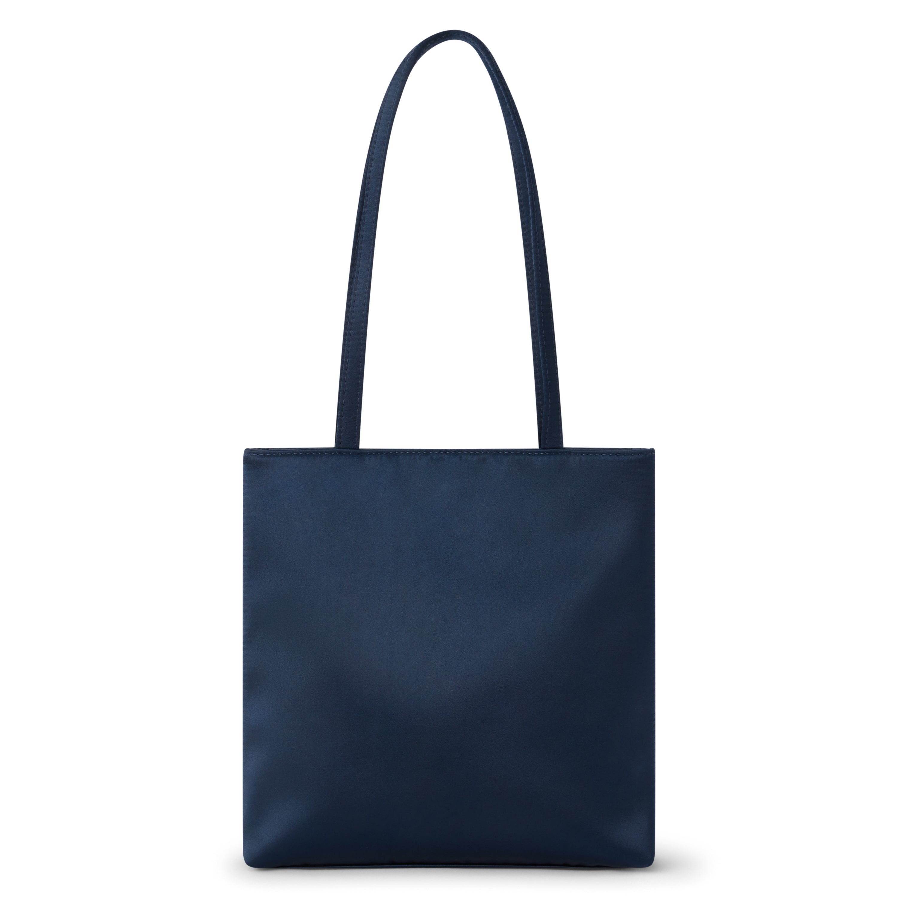 Blue satin tote bag with a rectangular body, smooth finish, and two long matching shoulder straps shown on a white background.
