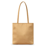 Gold satin tote bag with a rectangular body, smooth lustrous finish, and two long matching shoulder straps shown on a white background.