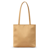 Gold satin tote bag with a rectangular body, smooth lustrous finish, and two long matching shoulder straps shown on a white background.