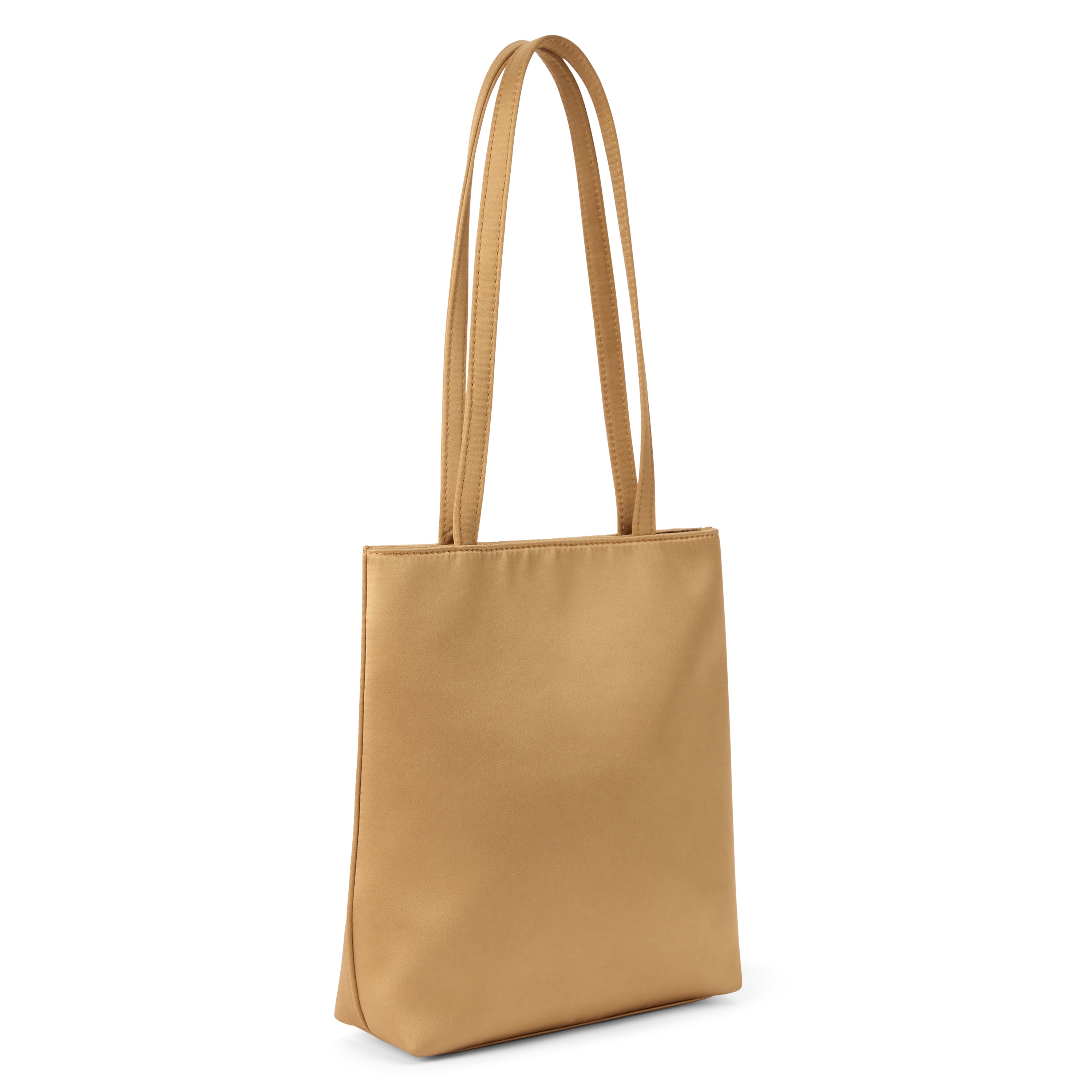 Gold satin tote bag with a rectangular body, smooth lustrous finish, and two long matching shoulder straps shown on a white background.