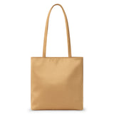 Gold satin tote bag with a rectangular body, smooth lustrous finish, and two long matching shoulder straps shown on a white background.