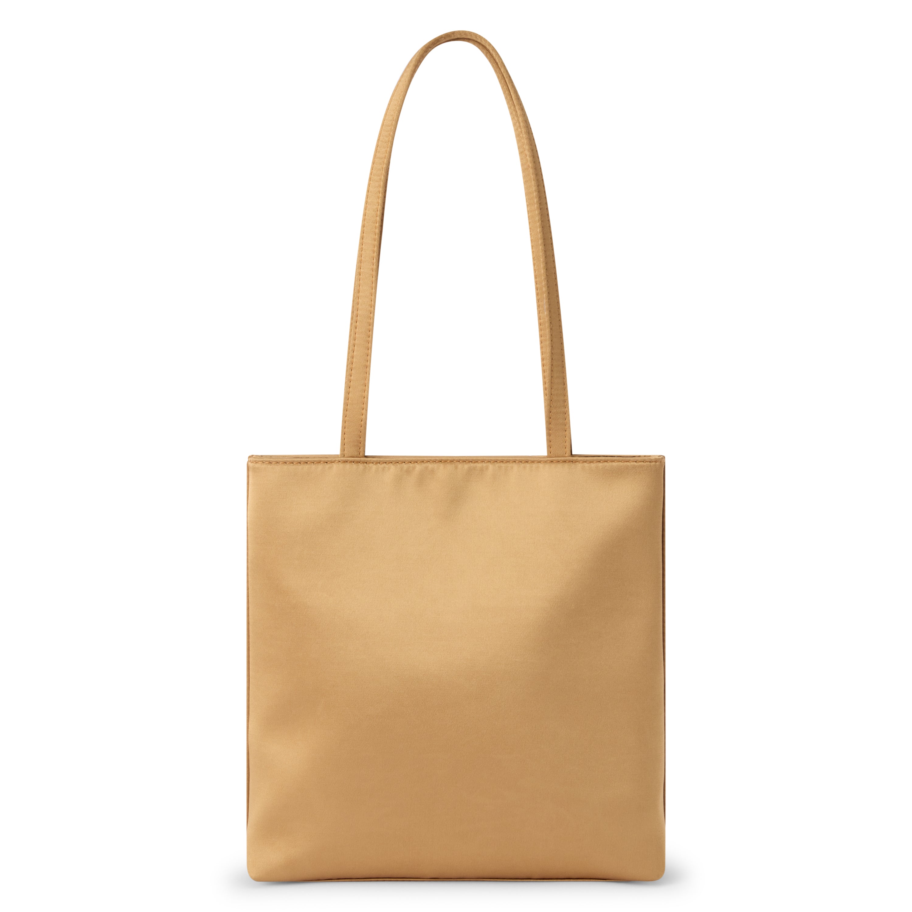 Gold satin tote bag with a rectangular body, smooth lustrous finish, and two long matching shoulder straps shown on a white background.