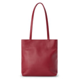 Red leather tote bag with a rectangular body, smooth textured finish, and two long matching shoulder straps shown on a white background.