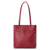 Red leather tote bag with a rectangular body, smooth textured finish, and two long matching shoulder straps shown on a white background.