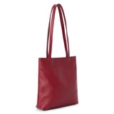 Red leather tote bag with a rectangular body, smooth textured finish, and two long matching shoulder straps shown on a white background.