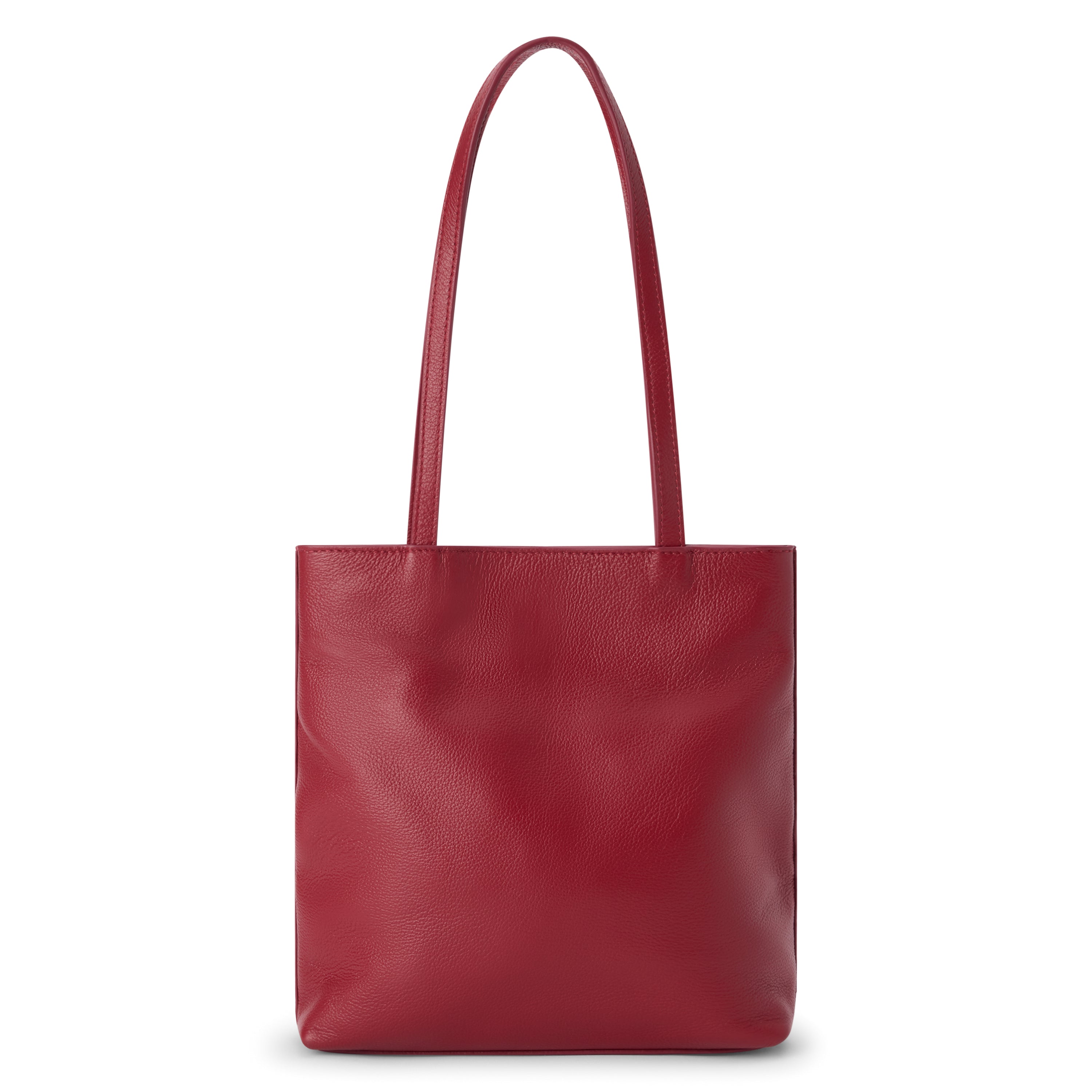 Red leather tote bag with a rectangular body, smooth textured finish, and two long matching shoulder straps shown on a white background.