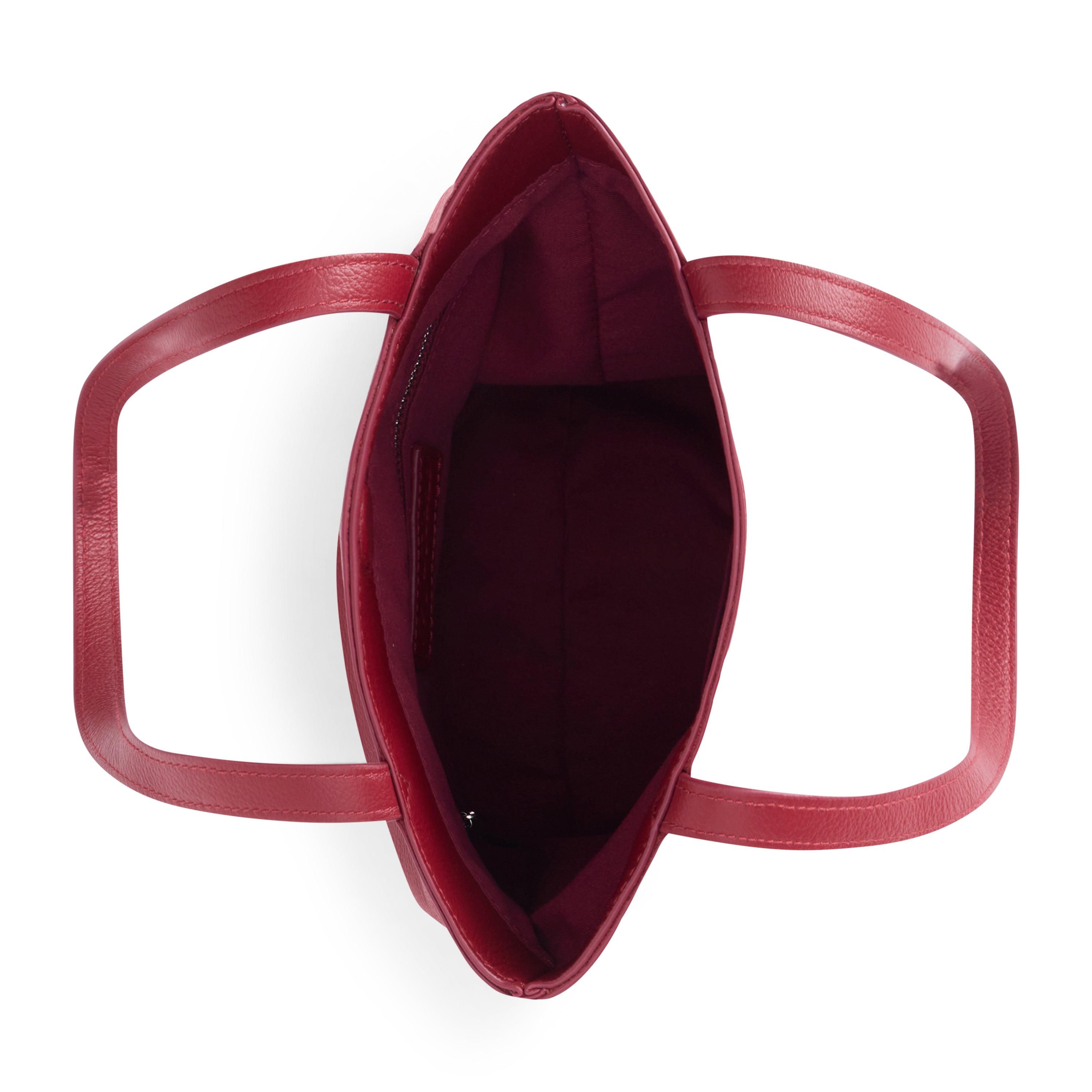 Red leather tote bag with a rectangular body, smooth textured finish, and two long matching shoulder straps shown on a white background.