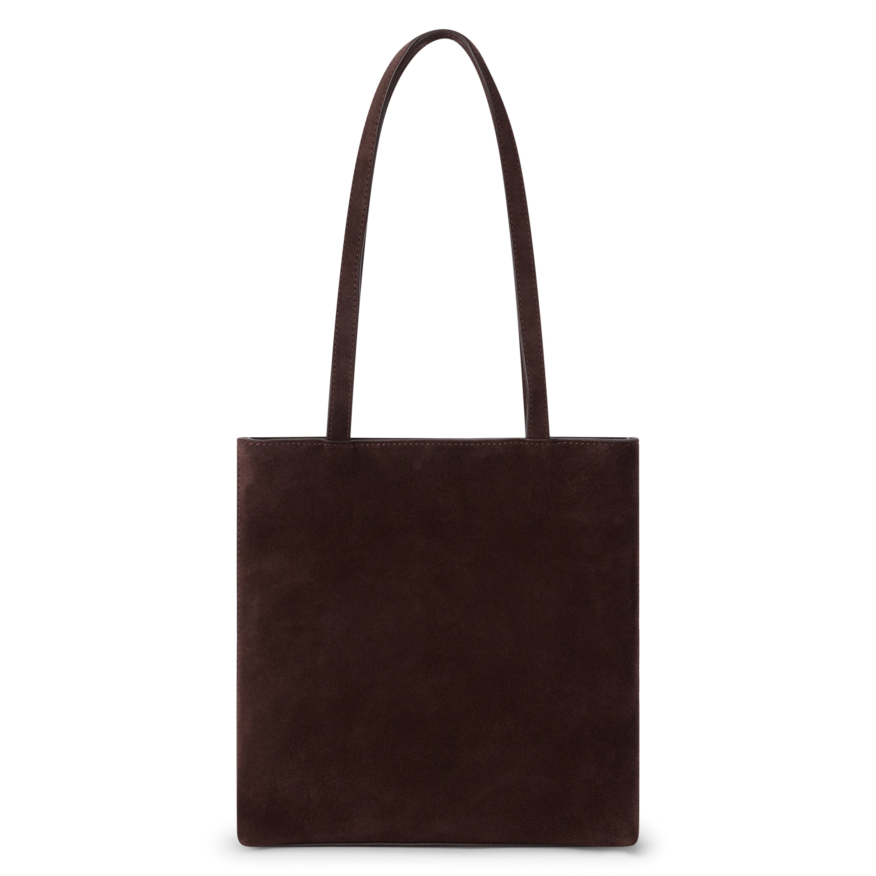 Brown suede tote bag with a rectangular body, soft matte finish, and two long matching shoulder straps shown on a white background.