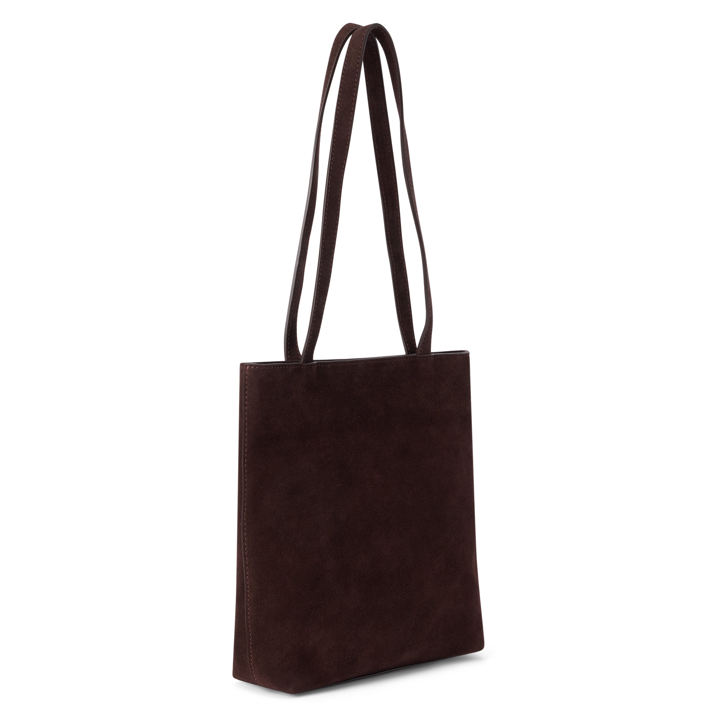 Brown suede tote bag with a rectangular body, soft matte finish, and two long matching shoulder straps shown on a white background.
