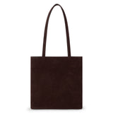 Brown suede tote bag with a rectangular body, soft matte finish, and two long matching shoulder straps shown on a white background.
