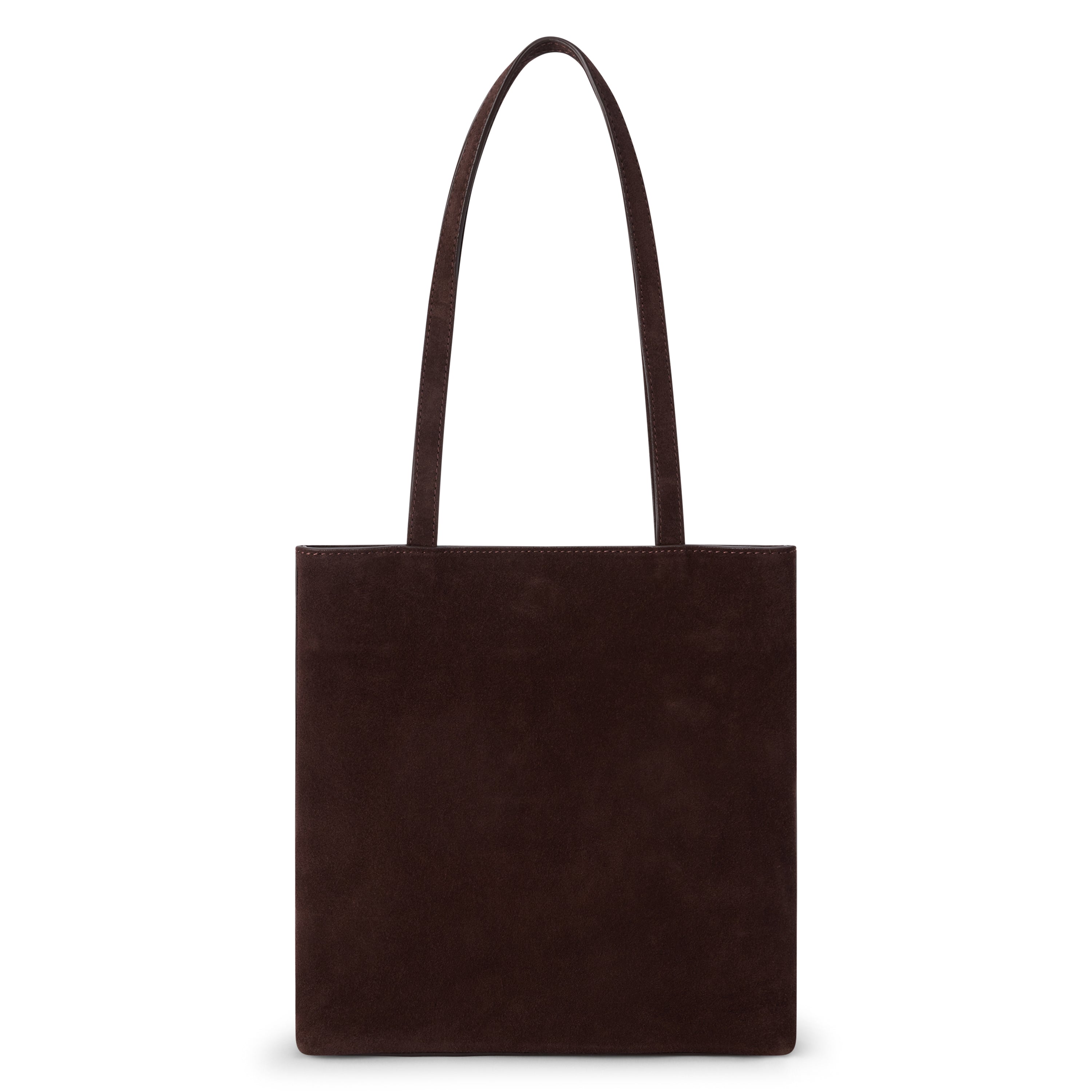 Brown suede tote bag with a rectangular body, soft matte finish, and two long matching shoulder straps shown on a white background.