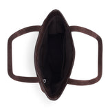 Brown suede tote bag with a rectangular body, soft matte finish, and two long matching shoulder straps shown on a white background.