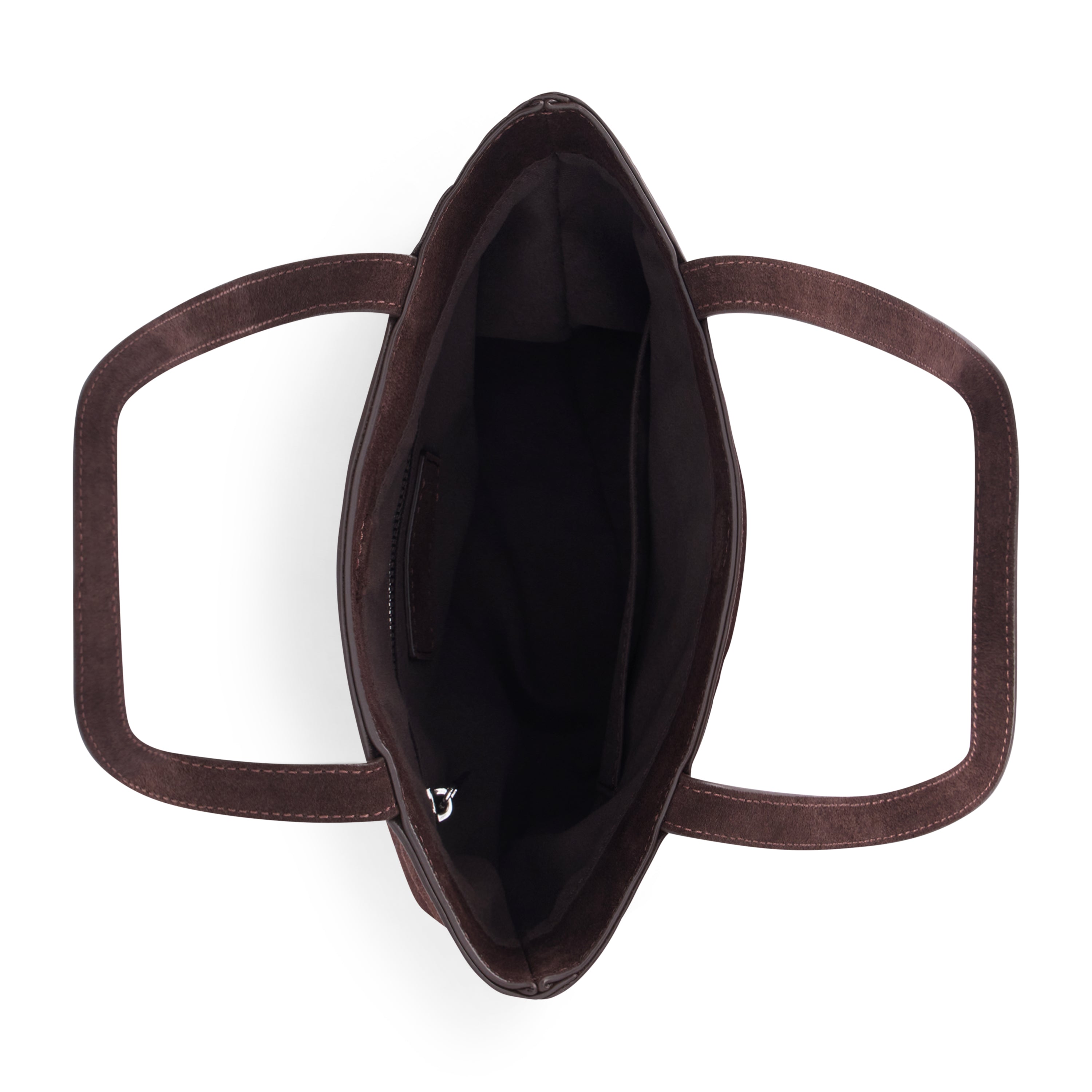 Brown suede tote bag with a rectangular body, soft matte finish, and two long matching shoulder straps shown on a white background.
