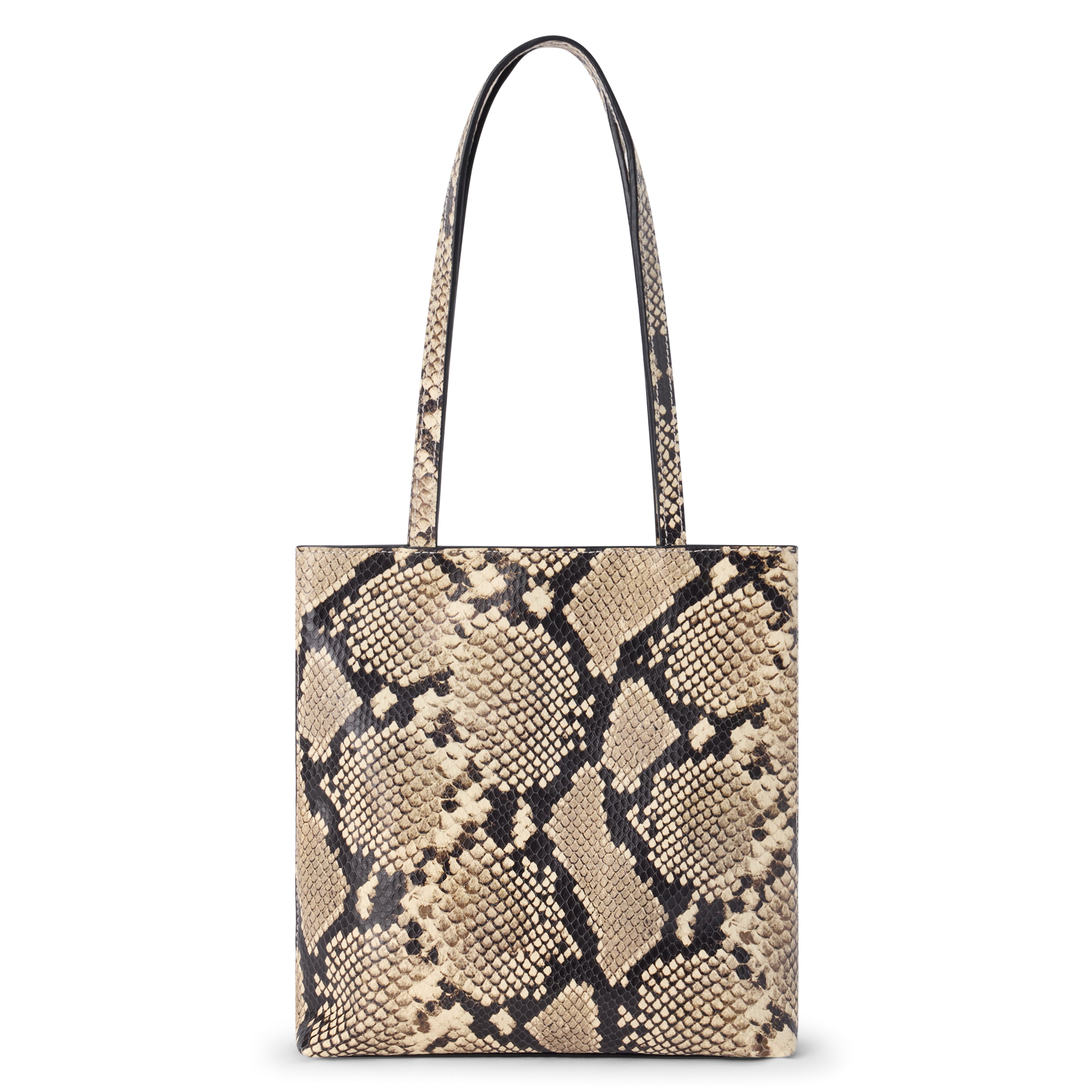 Tan and black leather tote bag with a snakeskin pattern, rectangular body, and two long matching shoulder straps shown on a white background.