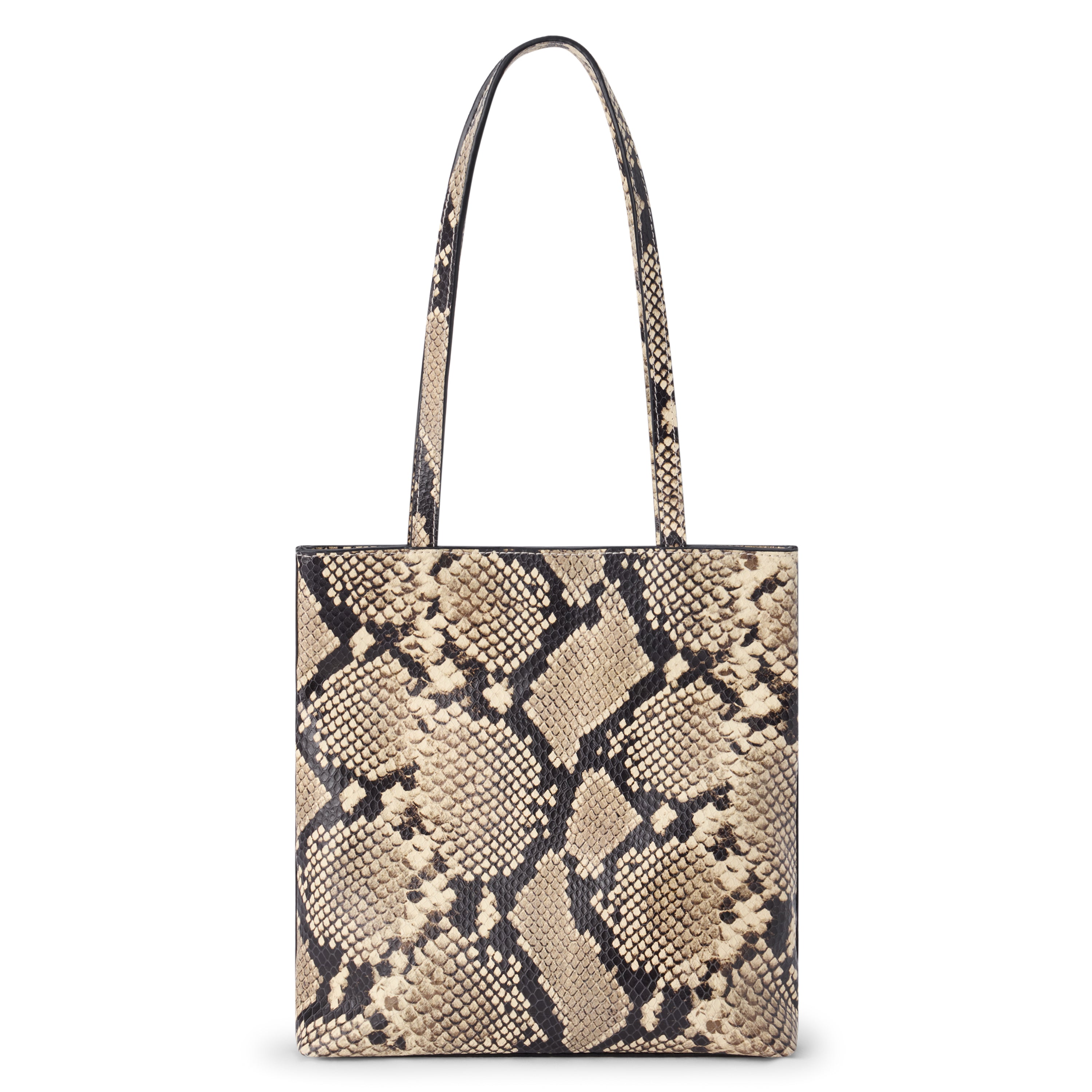 Tan and black leather tote bag with a snakeskin pattern, rectangular body, and two long matching shoulder straps shown on a white background.