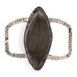 Top-down view of a snakeskin-patterned tote bag with integrated handles, showing a beige interior lining on a white background.